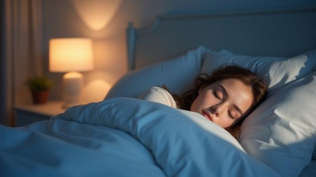 Peaceful bedroom setting with soft lighting and a person sleeping soundly