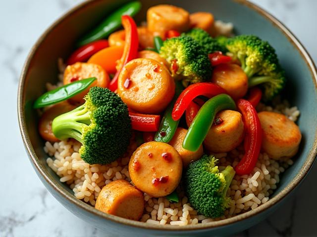 Colorful chicken and vegetable stir-fry with brown rice.