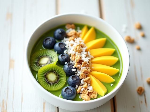 Beautifully arranged green smoothie bowl with fresh fruit and granola.