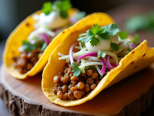 Plate of two vibrant lentil and walnut tacos with fresh toppings.