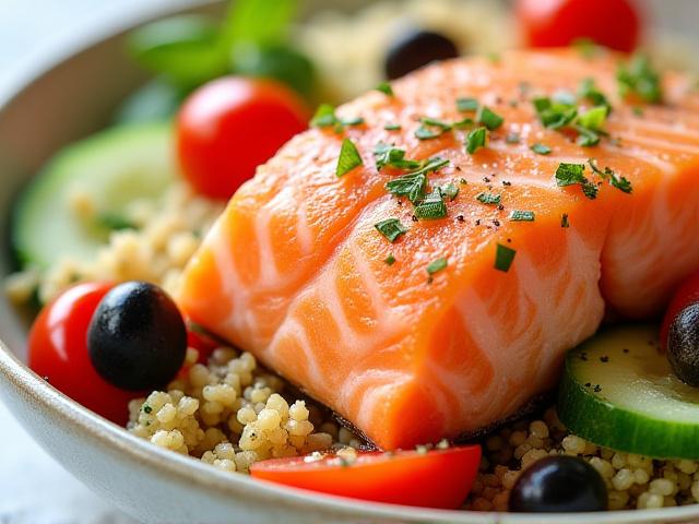 Nutrient-dense salmon and quinoa salad with fresh vegetables.